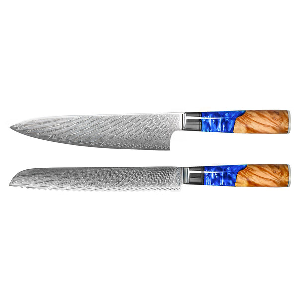 Epoxy Sapphire 2-Piece Damascus Knife Set - Chef's Knife + Bread Knife