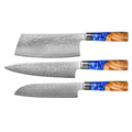 Epoxy Sapphire 3-piece Damascus Knife Set - Chef's Knife + Nakiri + Santoku