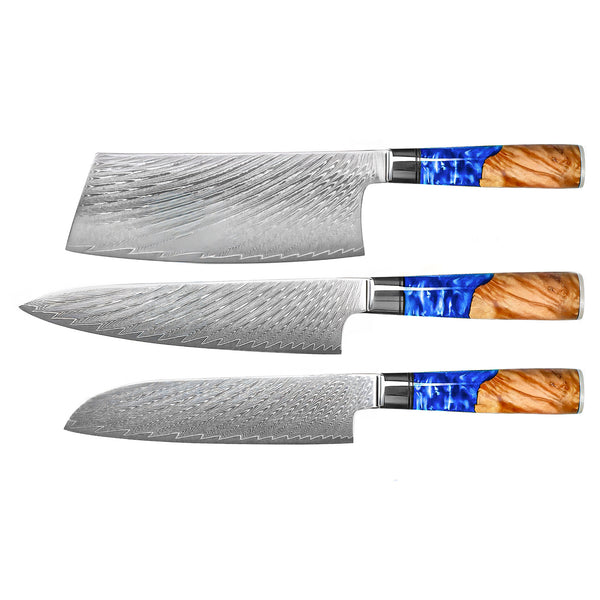 Epoxy Sapphire 3-piece Damascus Knife Set - Chef's Knife + Nakiri + Santoku