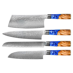 Epoxy Sapphire 4-delige Damascus Messenset - Koksmes + Nakiri + Santoku + Broodmes