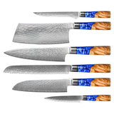 EPOXY SAPPHIRE 6-PIECE DAMASCUS KNIFE SET + ACACIA HOLDER