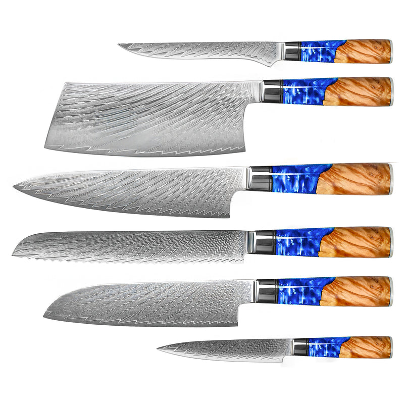 EPOXY SAPPHIRE 6-PIECE DAMASCUS KNIFE SET + ACACIA HOLDER SINGLE SIDED