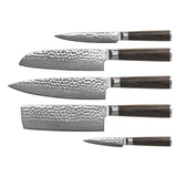 HAMMERED DAMASK BR 5-PIECE DAMASCUS KNIFE SET + ACACIA DOUBLE SIDED HOLDER