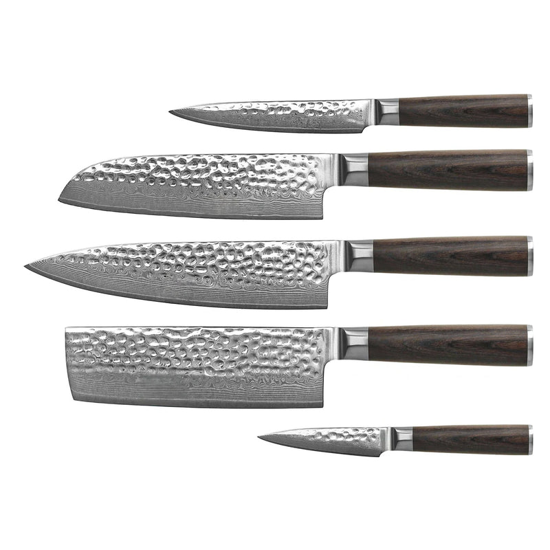 HAMMERED DAMASK BR 5-PIECE DAMASCUS KNIFE SET + ACACIA DOUBLE SIDED HOLDER