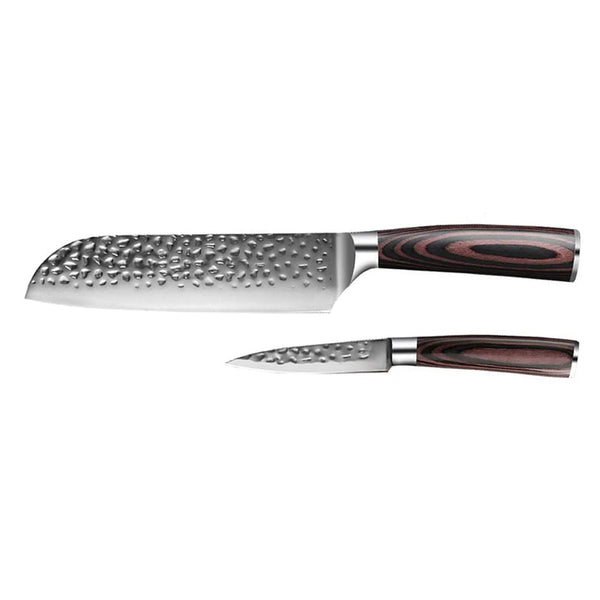 Hammered Stainless Steel 2-Piece Knife Set - Santoku + Paring Knife