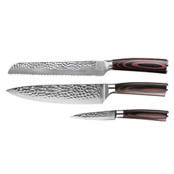 Hammered Stainless Steel 3-Piece Knife Set - Chef's Knife + Bread Knife + Paring Knife