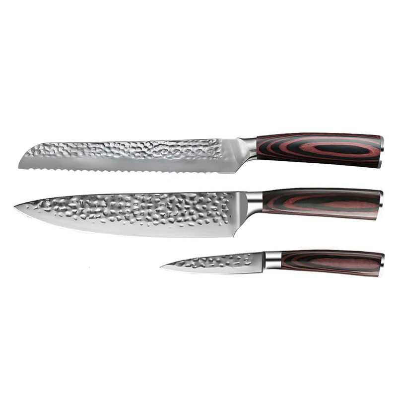 Hammered Stainless Steel 3-Piece Knife Set - Chef's Knife + Bread Knife + Paring Knife