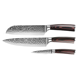 Hammered Stainless Steel 3-Piece Knife Set - Chef's Knife + Santoku + Paring Knife