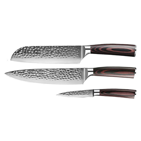 Hammered Stainless Steel 3-Piece Knife Set - Chef's Knife + Santoku + Paring Knife