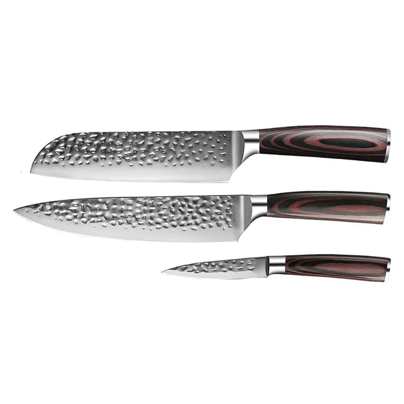 Hammered Stainless Steel 3-Piece Knife Set - Chef's Knife + Santoku + Paring Knife