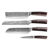 Hammered Stainless Steel 4-piece Knife Set - Santoku + Bread Knife + Nakiri + Paring Knife