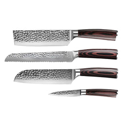 Hammered Stainless Steel 4-piece Knife Set - Santoku + Bread Knife + Nakiri + Paring Knife
