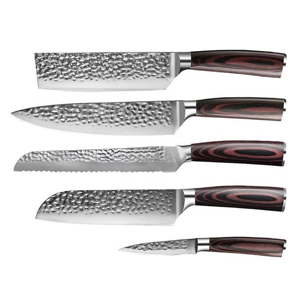 Hammered Stainless Steel 5-Piece Knife Set - Chef's Knife + Bread Knife + Nakiri + Santoku + Paring Knife