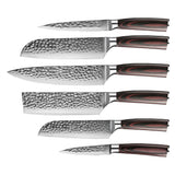 HAMMERED STAINLESS STEEL 6-PIECE KNIFE SET + ACACIA HOLDER DOUBLE SIDED