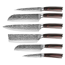 HAMMERED STAINLESS STEEL 6-PIECE KNIFE SET + ACACIA HOLDER DOUBLE SIDED