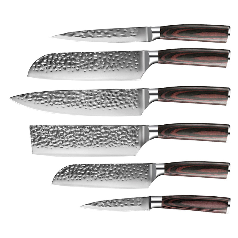 HAMMERED STAINLESS STEEL 6-PIECE KNIFE SET + ACACIA HOLDER DOUBLE SIDED