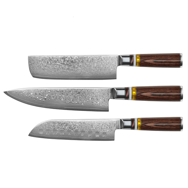 Micarta Jewels 3-piece Knife Set - Chef's Knife + Nakiri + Santoku