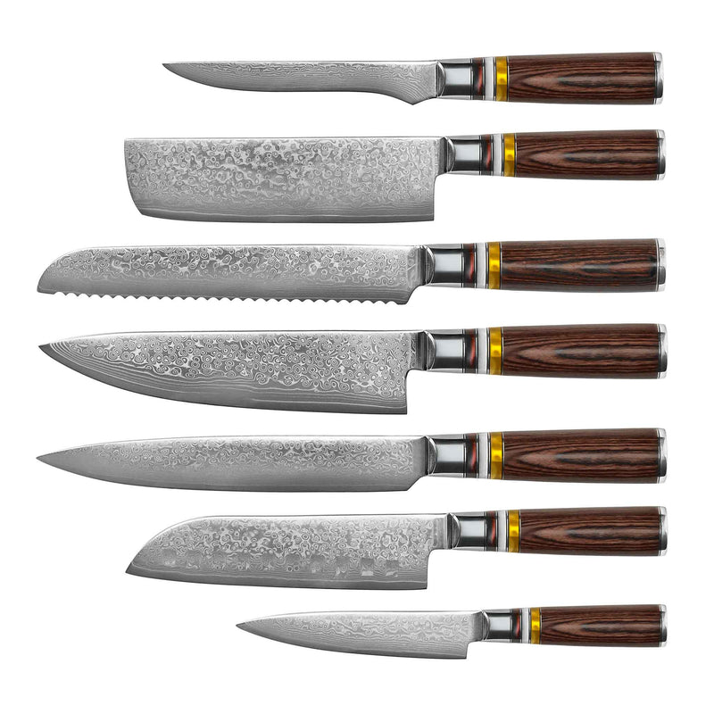MICARTA JEWELS 7-PIECE DAMASCUS KNIFE SET + ACACIA HOLDER DOUBLE SIDED