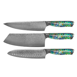 Mother of Pearl Jewels 3-Piece Damascus Knife Set - Chef's Knife + Nakiri + Santoku
