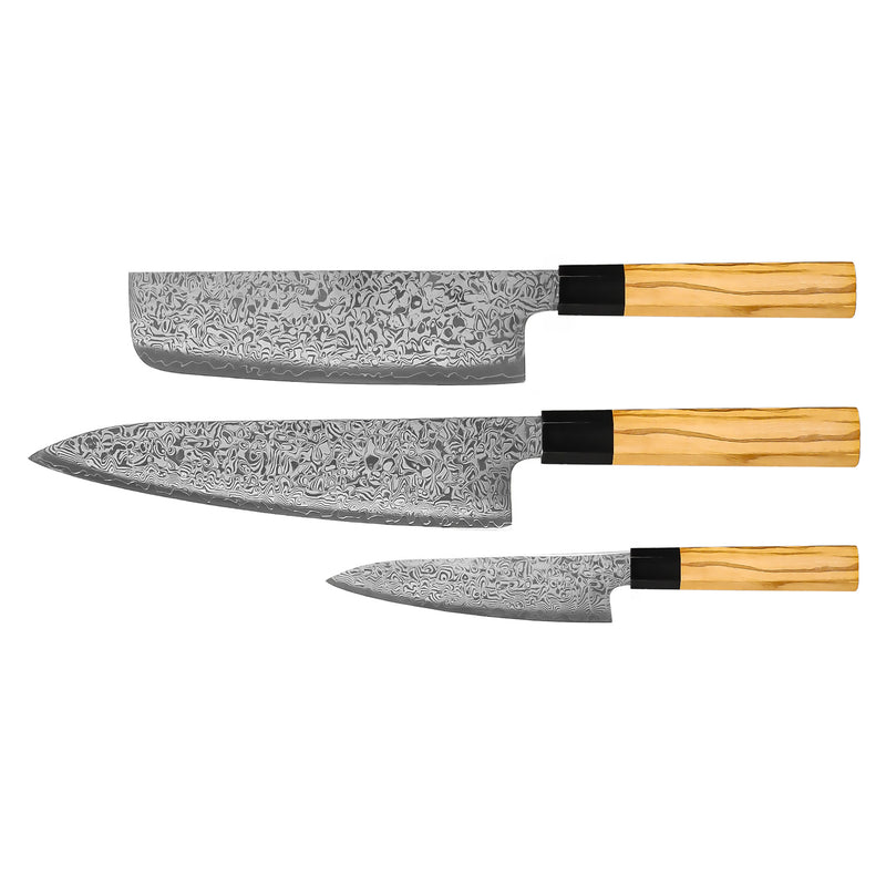 Takumi Kaza 3-Piece Damascus Knife Set - Chef's Knife + Nakiri + Paring Knife
