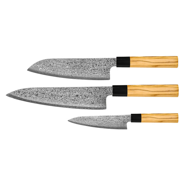 Takumi Kaza 3-Piece Damascus Knife Set - Chef's Knife + Santoku + Paring Knife