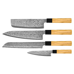 Takumi Kaza 4-Piece Damascus Knife Set - Chef's Knife + Bread Knife + Nakiri + Paring Knife