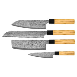 Takumi Kaza 4-piece Damascus Knife Set - Santoku + Bread Knife + Nakiri + Paring Knife