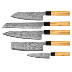 Takumi Kaza 5-piece Damascus Knife Set - Chef's Knife + Bread Knife + Nakiri + Santoku + Paring Knife