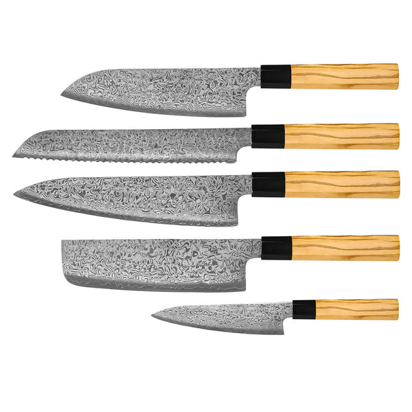 Takumi Kaza 5-piece Damascus Knife Set - Chef's Knife + Bread Knife + Nakiri + Santoku + Paring Knife