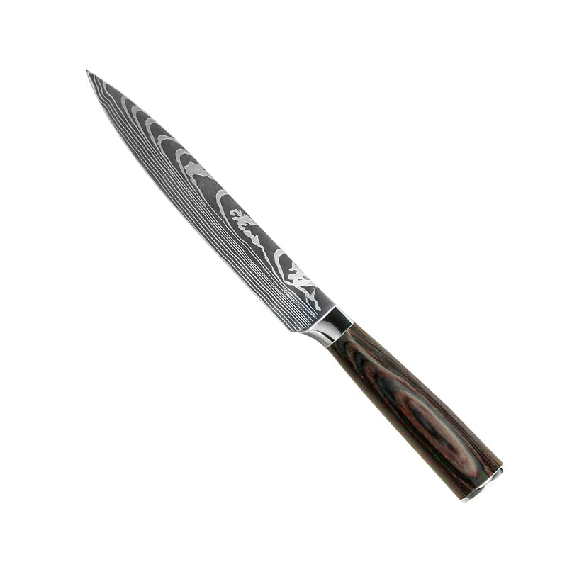 KNIFE SET DAMASCUS PRINT 7-PIECE + ACACIA HOLDER DOUBLE SIDED