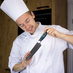 Parelmoer Jewels Damascus Santoku mes 18 cm Shinrai Japan 