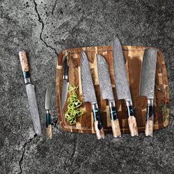 Shinrai Japan - Epoxy Onyx 6-delige Damascus Messenset + Magnetisch Messenblok Scalae - Acacia hout Messenset met blok Shinrai Japan 