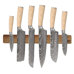 Akari Damascus Print 6-piece Knife Set + Knife Magnet Wall Strip Acacia Wood