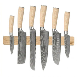 Akari Damascus Print 6-piece Knife Set + Knife Magnet Wall Strip Maple Wood