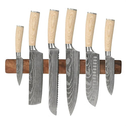 Akari Damascus Print 6-piece Knife Set + Knife Magnet Wall Strip Walnut Wood