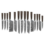 Shinrai Knives - Damascus Print 15-delige Messenset - Master collection XXL set + Blok Messenset met blok Shinrai Knives 