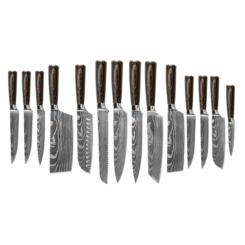 Shinrai Knives - Damascus Print 15-delige Messenset - Master collection XXL set + Blok Messenset met blok Shinrai Knives 