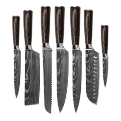 Shinrai Knives - Damascus Print 7-delige Messenset + Messenblok Cito dubbelzijdig Messenset met blok Shinrai Knives 