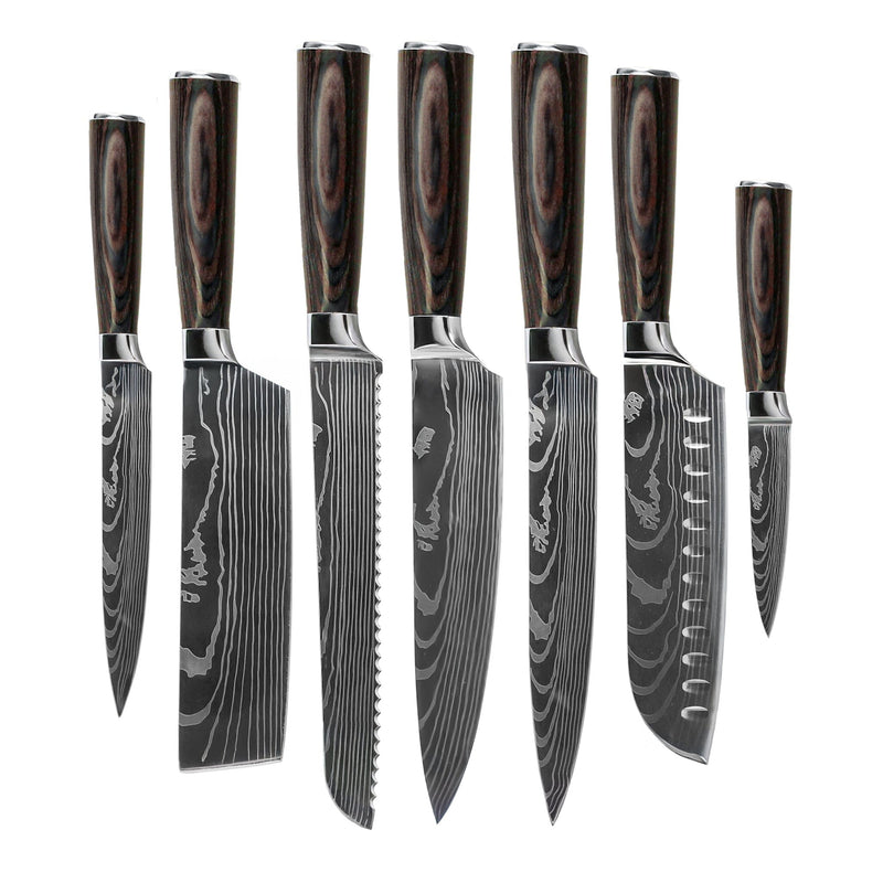 Shinrai Knives - Damascus Print 7-delige Messenset + Messenblok Cito dubbelzijdig Messenset met blok Shinrai Knives 