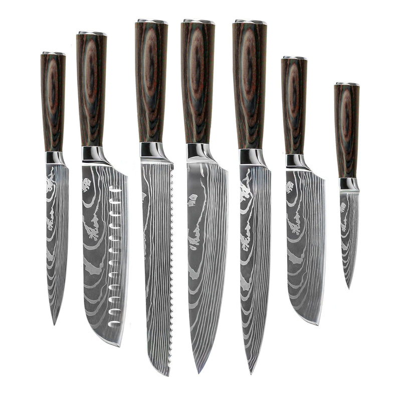 Shinrai Knives - Damascus Print 7-delige Messenset + Messenblok + Slijpsteen Messenset met blok en slijpsteen Shinrai Knives 
