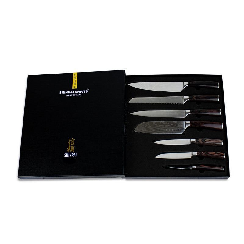 Shinrai Knives - Damascus Print 7-delige Messenset Messenset Shinrai Knives 