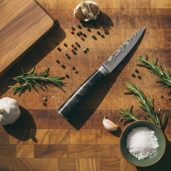 Damascus Print Epoxy Onyx 4-piece Knife Set - Santoku + Bread Knife + Nakiri + Paring Knife