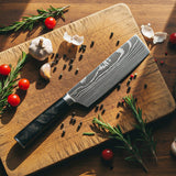 Damascus Print Epoxy Onyx 4-piece Knife Set - Santoku + Bread Knife + Nakiri + Paring Knife