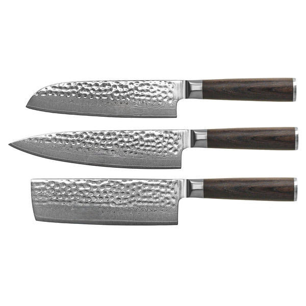 Hammered Damask BR 3-Piece Knife Set - Chef's Knife + Nakiri + Santoku