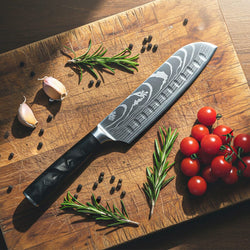 Damascus Print Epoxy Onyx 4-piece Knife Set - Santoku + Bread Knife + Nakiri + Paring Knife