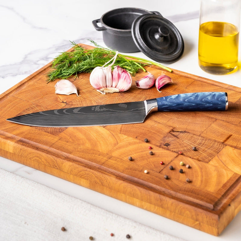Shinrai Knives - Damascus Print Epoxy Sapphire 3-delige Messenset - Koksmes + Santoku + Schilmes Messenset Shinrai Knives 