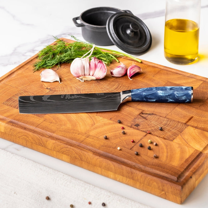 Shinrai Knives - Damascus Print Epoxy Sapphire 4-delige Messenset - Koksmes + Broodmes + Nakiri + Schilmes Messenset Shinrai Knives 