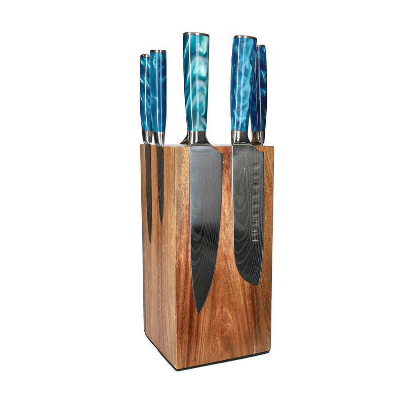 Shinrai Knives - Damascus Print Sapphire 6-delige Messenset + Messenblok Rotate Messenset met blok Shinrai Knives 