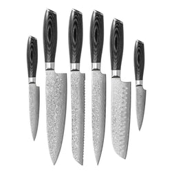 Shinrai Knives - Damast Pakka Wood 6-delige Messenset + Messenblok Cito dubbelzijdig Messenset met blok Shinrai Knives 