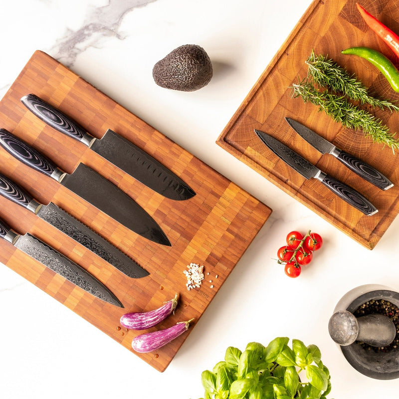 Shinrai Knives - Damast Pakka Wood 6-delige Messenset + Messenblok Rotate Messenset met blok Shinrai Knives 